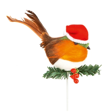 10cm Robin With Santa Hat Pick