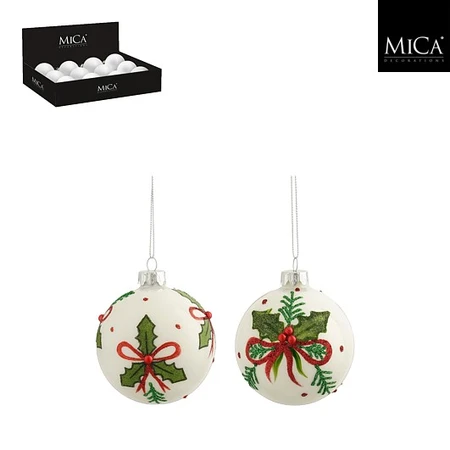 Bauble Glass Holly Bow White D8cm