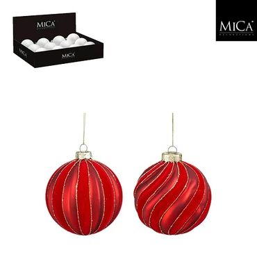 Bauble Glass Stripes Red D10cm