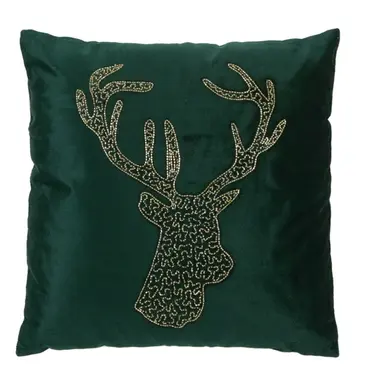 Green Velvet w-Bead Reindeer Cushion 45 x 45cm