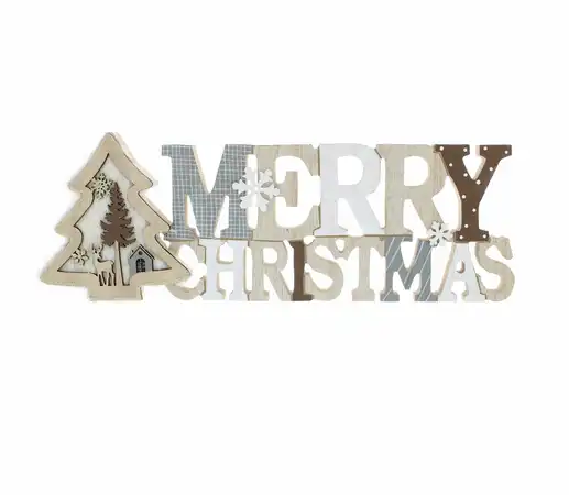 Grey/White Wooden Merry Christmas With Tree 40cm