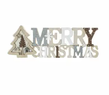 Grey/White Wooden Merry Christmas With Tree 40cm
