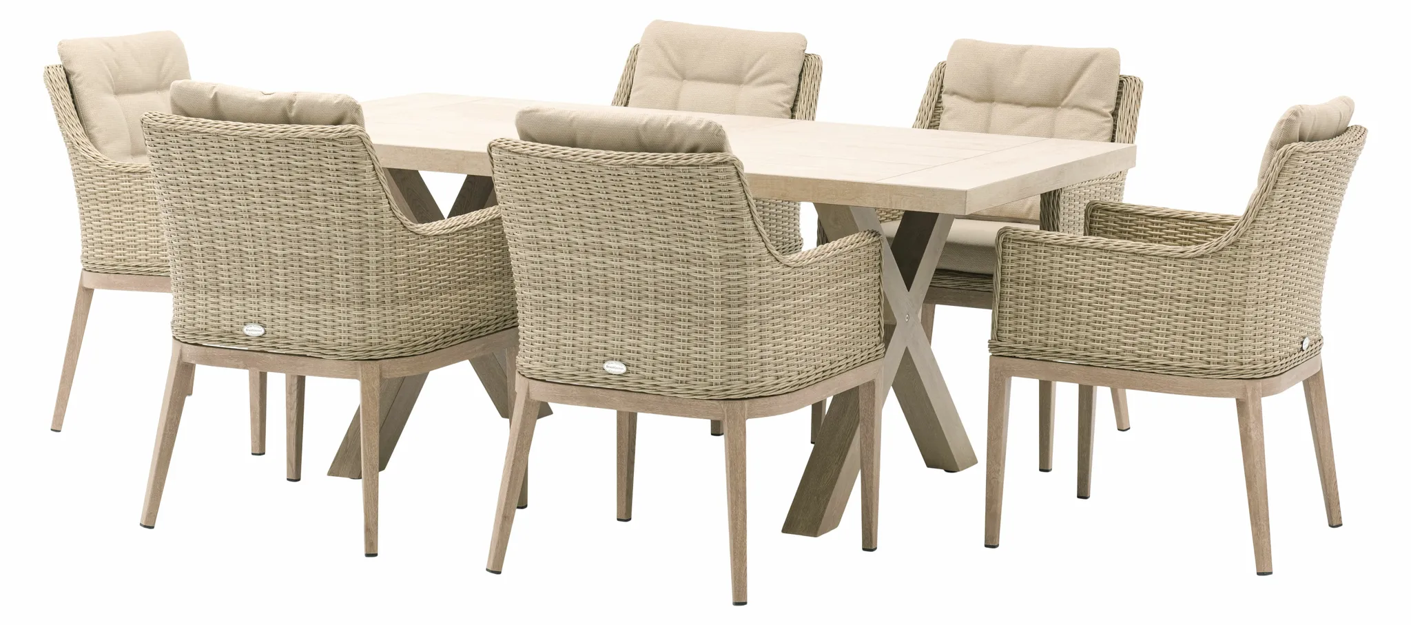 Monterey Ceramic Rectangle Dining Set with 6 Rattan Vogue Armchairs ...