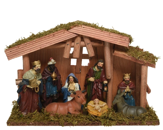 Nativity House Mdf Maria, Joseph, Jesus, 3 King, Cow, Donkey 8 Poly Figures 12cm