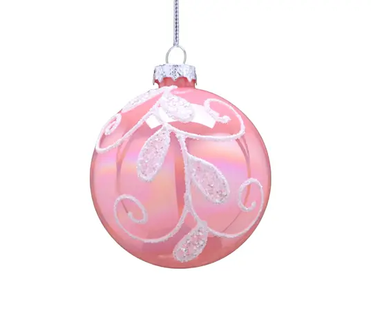 Pink Iridescent Glass Ball-White Glitter Swirl 8cm - image 1