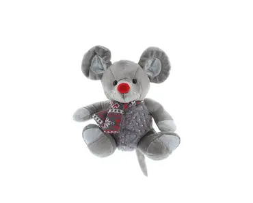 Plush Sitting Grey Mouse With Red/Grey Scarf (20cm)
