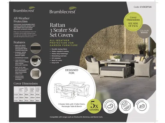 Rattan 3 Seater Sofa, 2 Sofa Chairs & Dual Height Table Set Cover - image 1